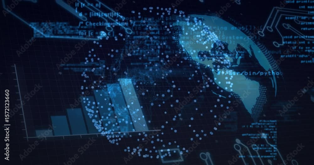 Poster After dark screen fading, digital globe rotating while data bars updating to visualize data flow