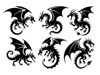 Dragon silhouette vector art collection featuring mythical creatures with wings and fantasy illustrations designs