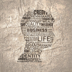 Young man improving reputation concept. Businessman head icon filled with relative keywords