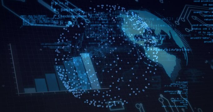 After dark screen fading, digital globe rotating while data bars updating to visualize data flow