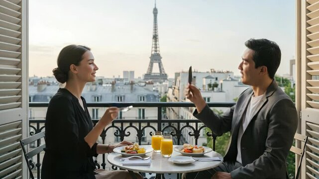 Couple enjoys breakfast on a balcony with a view of the eiffel tower in paris