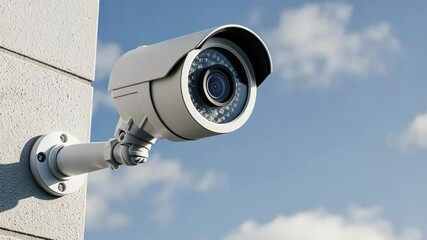 Security camera mounted on a building with a blue sky background - Powered by Adobe