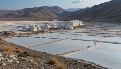Salt Flats Panorama: Arid Landscape and Industrial Salt Production