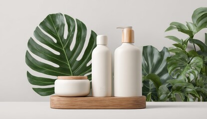 Cream, lotion, and cream jar on wooden tray,  tropical leaves