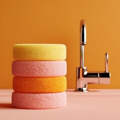 Stacked colorful sponges next to a chrome faucet