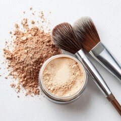 Light beige powder compact with two makeup brushes