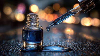 Close-up of blue nail polish bottle with dropper