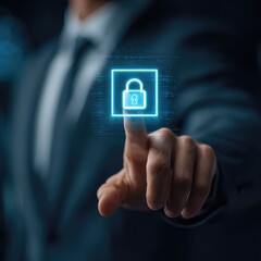 Businessman's finger touching a digital lock