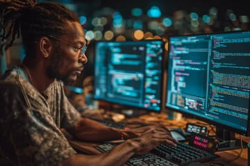 Programmer coding software developer working computer code development technology expert