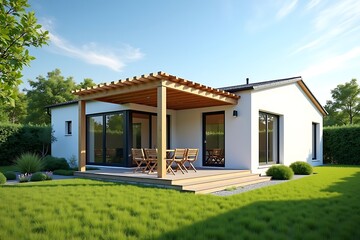 Modern house exterior with pergola and patio furniture design for outdoor living and backyard landscaping idea 