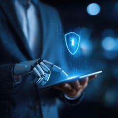 Businessman, robotic arm, tablet, security shield