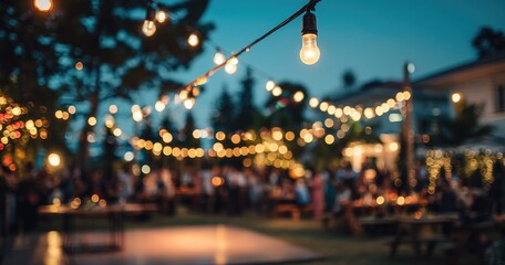 Outdoor party at dusk, blurred figures and lights