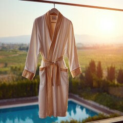 Cream robe hangs on hanger, pool view