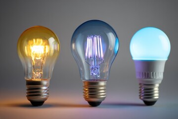 Three LED light bulbs, warm, cool, and blue