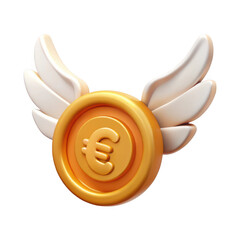 3d golden euro coin with wings isolated on transparent background