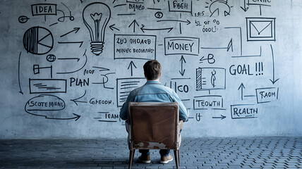 Man sitting in chair facing wall with business plan drawing
