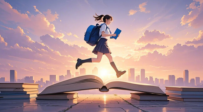 Youth motivational illustration of students jumping against a sunset city background