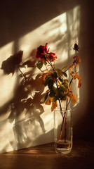  In the evening, there is an empty glass vase on the table with rose shadows cast by the window light on the wall