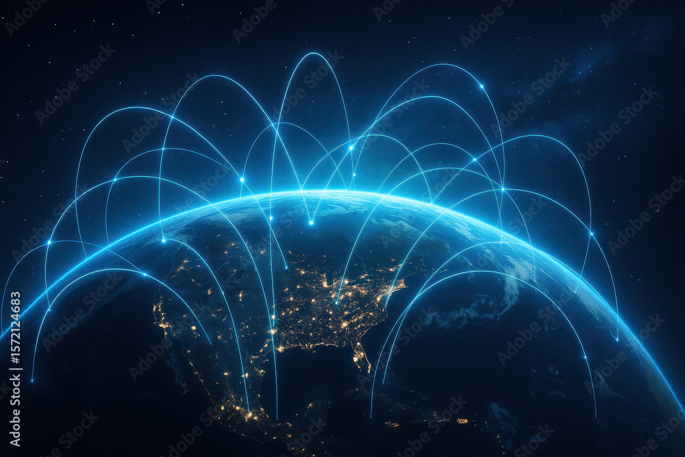 Poster global network connectivity over planet earth shows digital technology and internet communication co