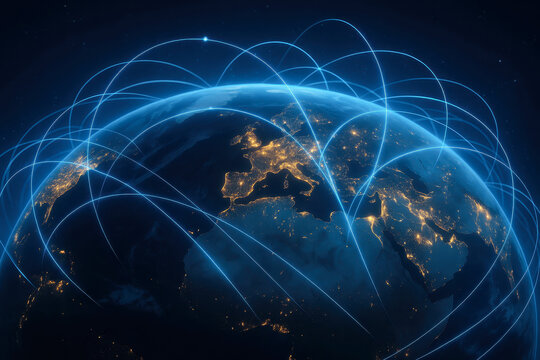 Global network connectivity and digital technology create seamless internet connection across earth and planet, enabling data communication and enhancing worldwide communication systems