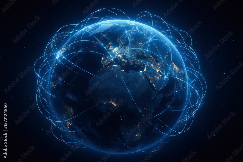 Poster global network connectivity and digital technology surround earth planet showing data and internet c