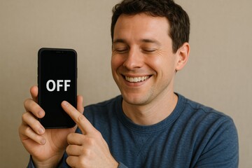 Man Smiling While Holding Phone with OFF
