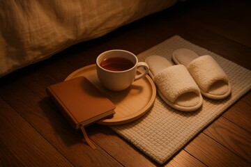 Cup of tea, journal, and slippers arranged on floor beside bed in low light.