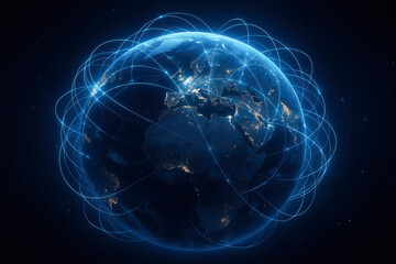Global network connectivity and digital technology surround earth planet showing data and internet communication connection in futuristic glowing blue design