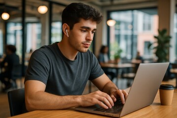 Man Typing on Laptop in Café
