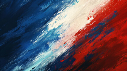 A blue, white, and red abstract background design	A modern, abstract background created with dynamic brush strokes of blue, white, and red paint, representing the French flag.
