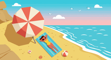 A woman sunbathes on a beach under an umbrella with a ball and other items nearby, with the ocean in the background.