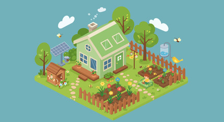 A charming illustration of a green house with a thriving garden, solar panel, and beehive.