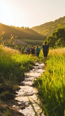 A group of people are walking down a path in a grassy field
