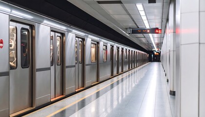 Subway train at station, empty platform