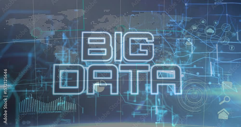 Poster ghosted outlines flashing hinting text transforming into glowing big data pulsing worldmap network