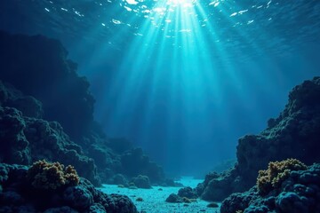Deep indigo hues, ethereal light, subtle underwater forms , shadow, blue