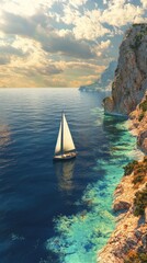 A sailboat is sailing in the ocean near a rocky shore