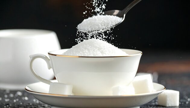 Sugar poured from spoon into white teacup