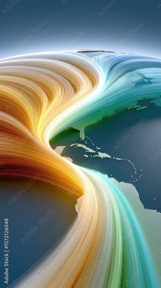 Poster abstract digital world map visualization with flowing lines and gradient colors