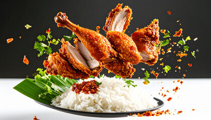 "Crispy Duck (Bebek Goreng) Levitating with Sambal Matah and Rice Elements in a Dynamic Chaotic Composition"