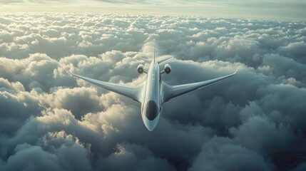 A white airplane is flying through a cloudy sky