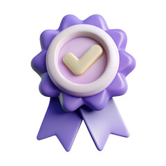 3d render of purple award badge with check mark isolated on transparent background