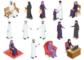 Arab muslims people 3d seamless pattern background on a white isometric view include of nationality businesswoman businessman and family vector illustration of icon