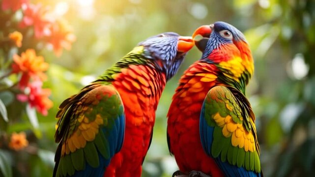 Colorful Parrots Feeding Closeup