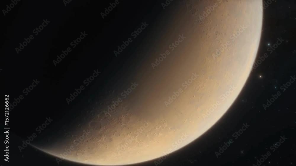 Poster a planet or moon is partially illuminated against the darkness of space, with visible surface textur