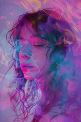 Peaceful woman face in vibrant, swirling colors