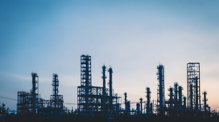 Fototapeta premium Abstract refinery silhouette with geometric shapes against gradient sky, symbolizing industrial innovation and modern energy production