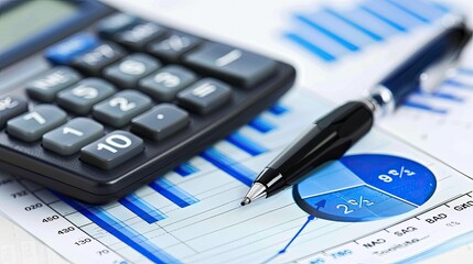 A calculator and pen resting on a financial report with blue charts and graphs displayed neatly