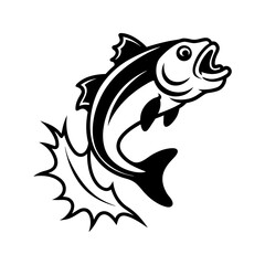 Jumping Fish with Splash in Black and White Style