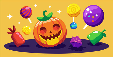 Halloween Candies: A vibrant array of candies and a carved pumpkin in a bright festive setting. Depicting the sweetness and fun associated with Halloween